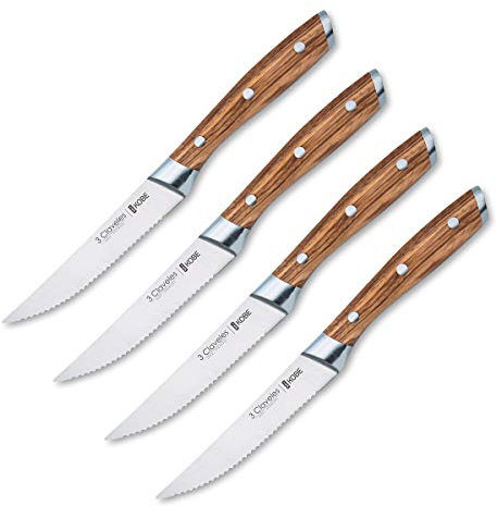 PracticDomus 3 Claveles - Set de 4 Couteaux à Viande Forgés en Acier Inoxydable 3Cr13 de la Gamme Kobe, Manche en Bois de Châtaignier