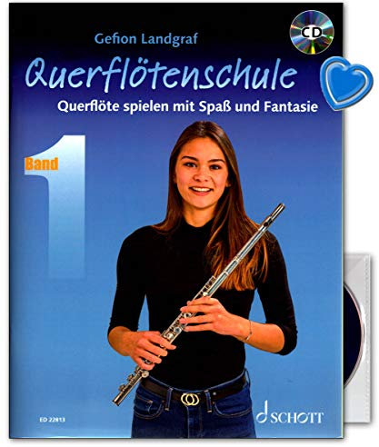 Querflötenschule 1 - Querflöte spielen mit Spaß und Fantasie - Lehrbuch mit CD mit bunter herzförmiger Notenklammer