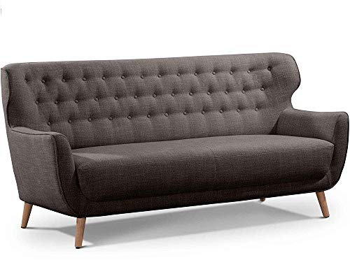 CAVADORE Dreisitzer-Sofa Abby / Klassisches Polstersofa mit Knopfverzierung / 183 x 89 x 88 / Strukturstoff, dunkelgrau