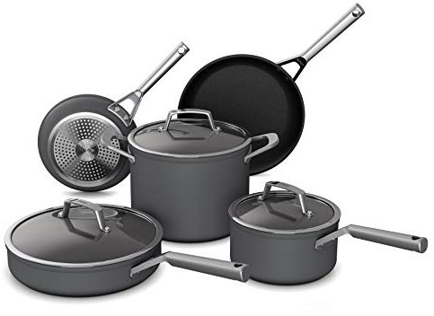 Ninja Foodi Neverstick, Premium Anti-Scratch Nesting Pots & Pans with Lids, Stainless Steel Glass, Slate Grey, C38000