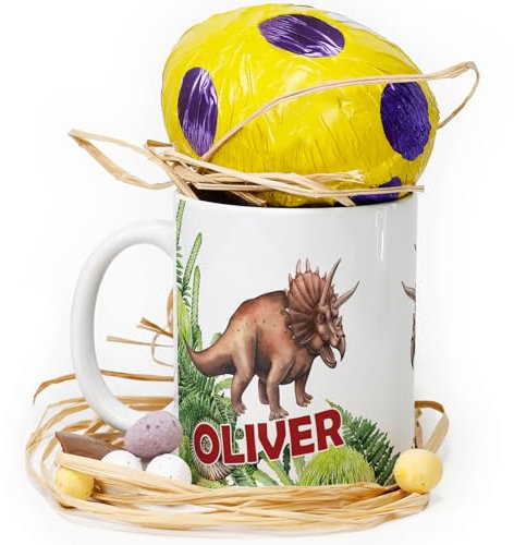 Personalised Mug and Belgian Milk Chocolate/Hot Chocolate Stirrer Marshmallow Gift Set, Custom Name (11oz) White, Yellow, Blue, Black, Pink Mug with Name on Triceratops Dinosaur Print Design