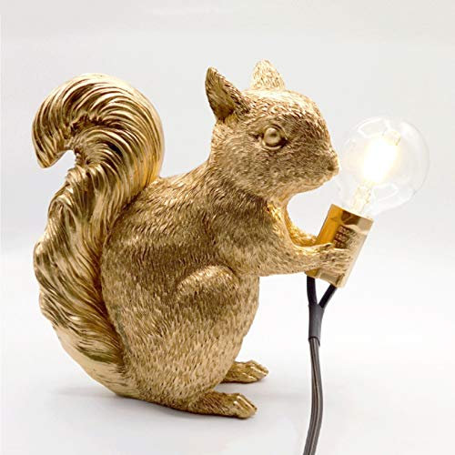 OOWOKS Tischlampe aus Kunstharz, Eichhörnchen, Schreibtischlampe, Vintage, Nachttischlampe, kreativ, E12, mit Schalter, Mini-Nachtlicht für Wohnzimmer, Schlafzimmer, Büro, Kinderzimmer, goldfarben