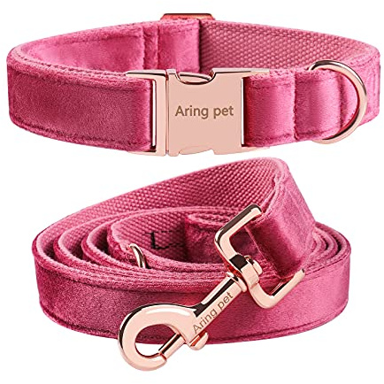 ARING PET Dog Collar and Leash Set, Comfortable Cotton Adjustable Doggy Collar with Metal Buckle and Lead for Puppy Small Medium Large Giant Boy Girl Dogs-Velvet Rose Red XS