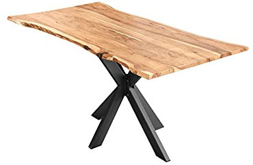 SAM Esszimmertisch 240x100cm Lyon, echte Baumkante, Akazienholz naturfarben, massiver Baumkantentisch mit Spider-Gestell Mattschwarz, Esstisch im Industrial-Design