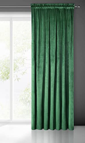 Eurofirany Pierre Samt Vorhang mit Kräuselband -1 STK. Velvet Einfarbig Gardine 200g/m², Samtvorhang für Wohnzimmer Schlafzimmer, 140x300 cm, Dunkelgrün
