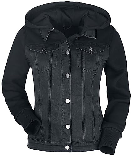 RED by EMP Damen schwarze Jeansjacke mit Sweatärmeln und Kapuze S