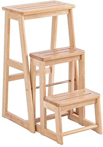 Folding Ladder Stools, Convertible Dual Purpose Solid Wood Step Stool, Portable Display Stand for Home Library, Save Space, 2 Sizes (Color : Wood color, Size : 37.7X61X70.5CM)