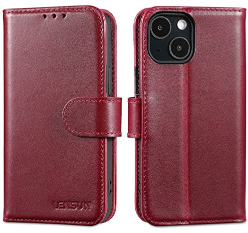 LENSUN Echtleder Hülle für iPhone 13 Mini, Handyhülle [Echtes Leder][Magnetverschluss][RFID Schutz] Handytasche Lederhülle Kompatibel mit iPhone 13 Mini 5G - Weinrot