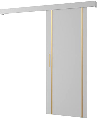 KRYSPOL Schiebetürsystem Salwador 9 Komplett-Set für Schiebetüren, Trennwände Innentüren, Modern Design (weiß matt/Gitter: weiß matt/Griff und Streife: Gold)