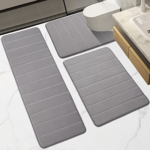 HOUYOMICS Badematte rutschfest Badezimmerteppich Set 3 teilig Lang Memoryschaum Badteppich Super Weicher Saugfähiger Fussmatte Badvorleger für Badezimmer (Hellgrau,60 X 80+U60 X 60+43 X 120cm)