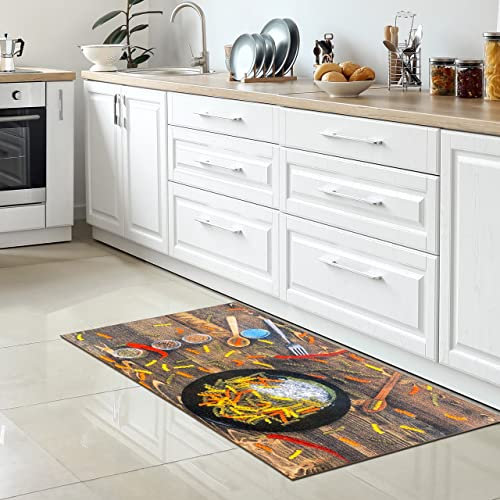 CARPETIA Teppichläufer Küche Chili Bunte Nudeln Gewürze Geschirr Besteck waschbar rutschfest beige braun 80 x 150 cm