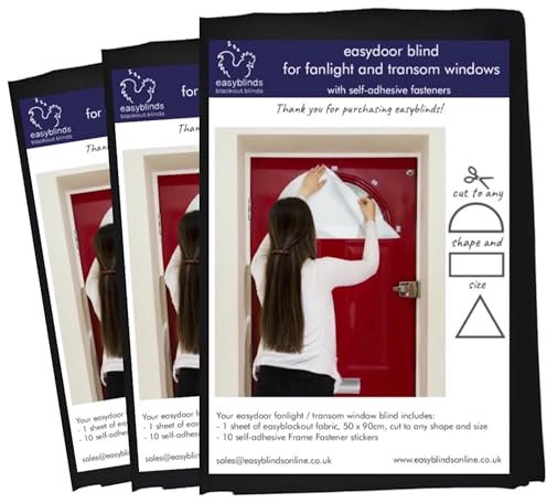 Easyblinds Easydoor transom window/fanlight blind, PACK OF 3, black, quick fix instant blind, self-adhesive attachments, cut to size and shape as required