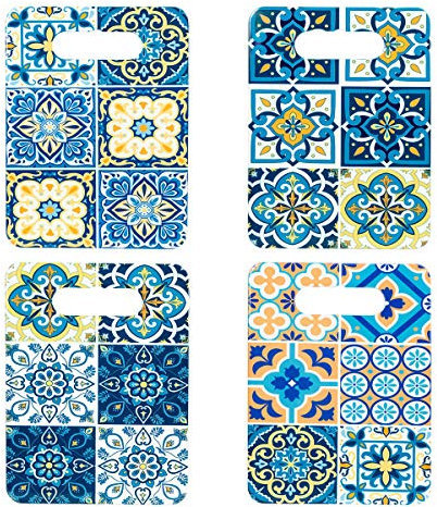 Set de 4 Tablas de Cortar Retro Decorativas de Cerámica Hidráulico Multicolores. Utensilios Cocina. Menaje. Decoración Hogar. Regalos Originales. 24 x 18 x 0,70 cm