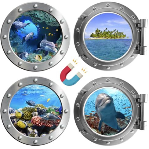 4 Pieces Cruise Door Decorations Magnetic Cruise Porthole Door Magnets Turtle Palm Tree Cruise Magnet The Sea Nature Scenery Fridge Decor for Carnival Cruise Refrigerator Car(Silver)