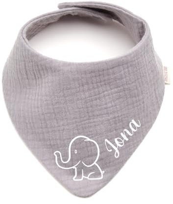 Personalisiertes Dreieckshalstuch aus Baumwolle/Musselin | Elefant mit Namen | Halstuch für Jungen, Mädchen | Viele Farben (Grau)