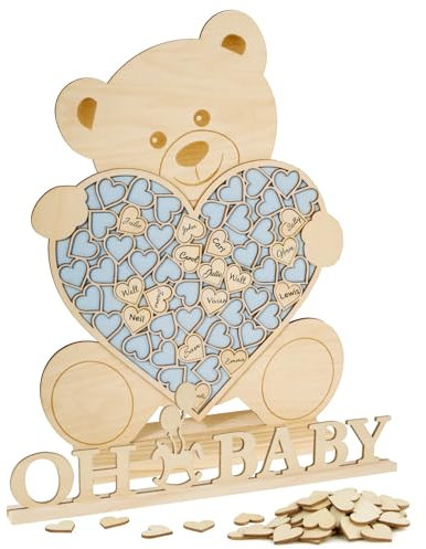 BOFUNX Baby Shower Gästebuch Holz mit Bärrahmen Taufe Gästebuch+52 Holzherzen+1 Holzschild, Baby Shower Deko Geschenk Erinnerungsbuch für Taufe Kommunion Konfirmation