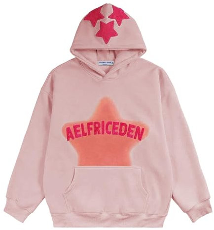 Aelfric Eden Herren Oversized Vintage Hoodie Lose Stern Pullover mit Kapuze Basic Kapuzenpullover Hip Hop Kapuze Sweatshirt mit Tasche Rosa, L