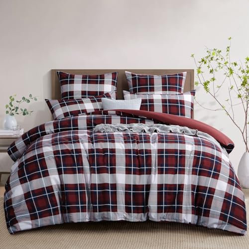 RUIKASI Bettwäsche 200x200 3 teilig Rot - Bettbezug 200 x 200 Set mit Tartan Muster, Bettwäsche-Sets 200x200cm aus Mikrofaser mit Reißverschluss Weich und Bügelfrei