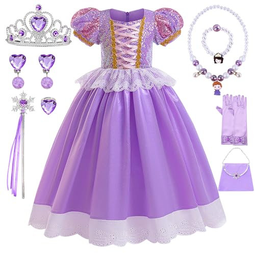 YYDSXK Rapunzel Prinzessin Kleid Mädchen, Sofia Rapunzel Kostüm Kinder mit Krone Halsketten Set, Faschingskostüme Kinder, Rapunzel Prinzessin Kostüm für Karneval Cosplay Geburtstagsfeier (110)