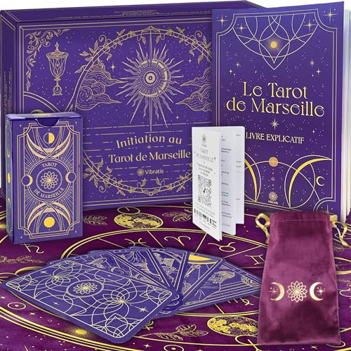Caja de iniciación al tarot de Marsella: tarot adivinatorio + libro de 205 páginas + mantel adivinatorio y bolsillón. Ideal para Principiantes