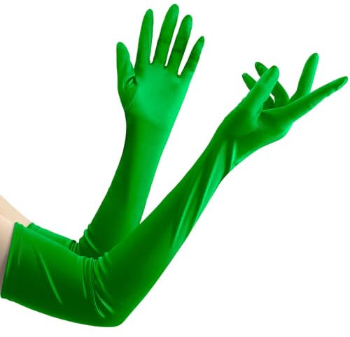 Guanti Lunghi Donna,Guanti Verdi Lunghi,Satin Gloves,Long Gloves,Long Gloves,Guanti Ritagliati Con Schermo Verde,Guanti Cerimonia Sposa Di Raso Fino A Gomito,Ballo Accessori Donna Anni '20 Halloween