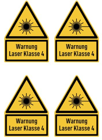 Aufkleber: 150x100 mm, 4 Stück - Warnung Laser Klasse 4 - Warnzeichen mit Text (deutsch) (gelb/schwarz) - Dreick - W004 - DIN EN ISO 7010 / ASR A1.3