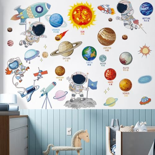 Wand Deko Schlafzimmer Modern Wandtattoo - Weltraum Wandaufkleber Planeten Sonnensystem Astronaut Wandsticker für Kinderzimmer Jungenzimmer 0218
