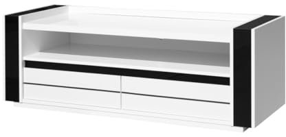 Meuble TV Blanc et Noir Brillant avec LED – 143 x 50 x 52 cm