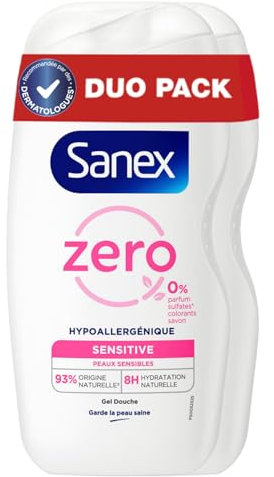 SANEX - Gel douche hypoallergénique Zéro% Sensitive - hydratation pendant 8 heures - testé sous contrôle dermatologique -Lot de 2 X 475 mL
