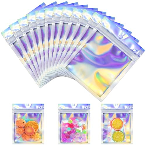 100 Pcs Sacs Holographiques Mylar Ziplock Bags Mylar Edibles Mylar Pochon Sachets Zip Mylar avec Fenêtre Sac Mylar RéUtilisable Pochon Zip Holographique pour Emballage Echantillon (12 x 9 cm)