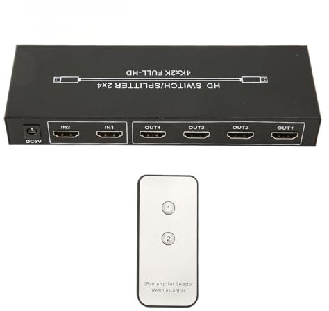 Divisor HDMI, 2 Entradas y 4 Salidas 4K X 2K 60Hz 2x4 HDMI Splitter Switcher con Control Remoto, Divisor de TV de 2 Vías, Distribuye 2 Señales HDMI a 4 Pantallas UHD (Enchufe