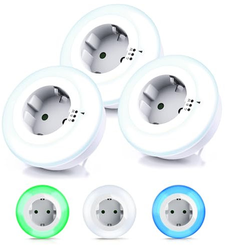 CSL - 3 x LED Nachtlicht Steckdose - Orientierungslicht Nachtlampe - integrierter Helligkeitssensor und Dämmerungssensor - drei Lichtfarben Weiß Grün Blau - auch für Babys und Kinder - Set