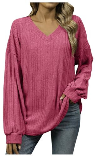 Camicetta larga da donna per autunno e inverno, vestibilità larga, leggera, casual, alla moda, camicetta lunga, Rosa acceso, L