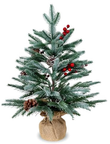 Kleiner Weihnachtsbaum | Tischweihnachtsbaum mit 57 PE-Spitzen, 8 Tannenzapfen, 8 Beeren | Flauschiger, beflockter 55-cm-Baum – verleiht festlichen Touch | Dünner Flock auf grünem Zweig