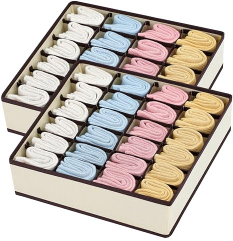 DIMJ Aufbewahrungsboxen für Socken - 24 Zellen Schublade Organizer, Faltbare Socken Organizer, Schubladen Ordnungssystem, Kleiderschrank Organizer für Krawatten, Gürtel, 2 Stück(Beige)