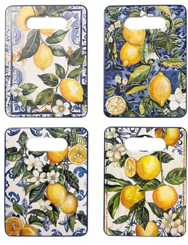 Lot de 4 planches à découper en céramique 24 cm, décor citron et fleurs, pour cuisine