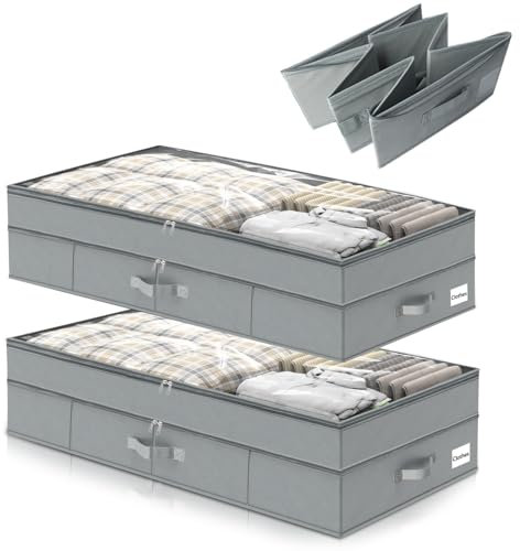 Exsivemy Underbed Storage, Foldable Double Layer Under Bed Storage with Lid, 70L Underbed Storage Bags with Sturdy Sidewalls/Bottom, Underbed Storage Boxes for Clothes, Duvets, Blanket, Bedding (B)