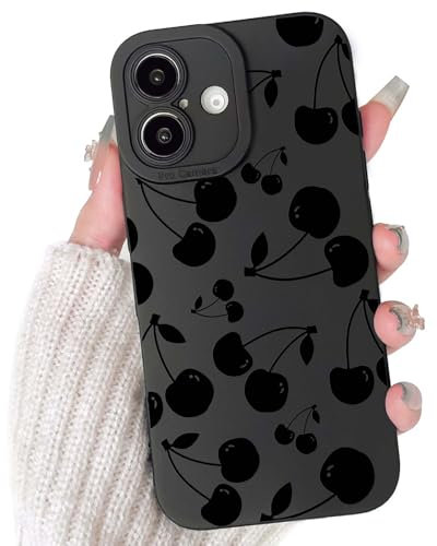 NITITOP Compatible for iPhone 16 Case Cute Cool Cherry Patteren Black Design for Women Girls Soft TPU Shockproof Protective Girly for iPhone 16 - Cherry