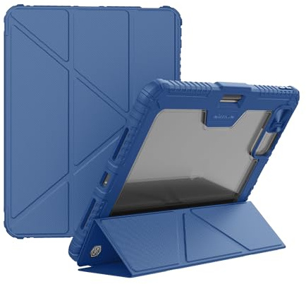 Nillkin Bumper Pro Schutzhülle aus PU-Leder für Apple iPad Air 13 2024/Pro 12.9 2020/2021/2022, Stifthalter, stoßfeste Abdeckung, Multi-Winkel-Klappstil, Rückkamera-Schiebeabdeckung, Blau