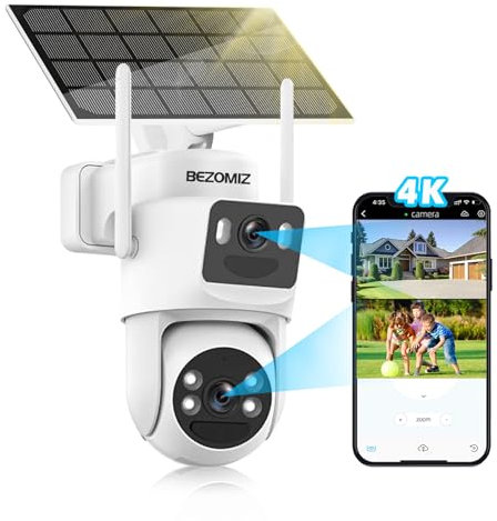 BEZOMIZ 4K Camera Surveillance WiFi Exterieure sans Fil Solaire,2.4GHz Camera Exterieur Double Objectif avec Panneau Solaire, 360° PTZ,8MP Vision Nocturne Couleur,Audio Bidirectionnel,PIR Sirène,IP66
