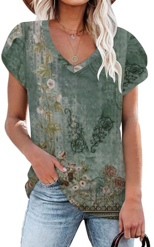 NARRAME T-Shirt à Manches Courtes et col en V pour Femme - Haut de Loisirs d'été à Manches Courtes - Haut de Plage S-3XL 34-56