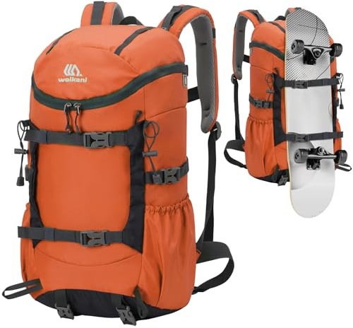 Outplea 30L Leicht Wanderrucksack Herren Damen, Multifunktional Reiserucksack mit Skateboard Gurte, Tagesrucksack Sportrucksack für Wandern Outdoor Camping Freizeit, Orange