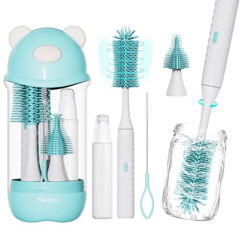 Electric Bottle Brush Cleaner Set, Bear-Shaped Travel Baby Bottle Cleaner Kit with Silicone Nipple & Straw Brush, Soap Dispenser, Drainage Rack, Storage Box(Blue)