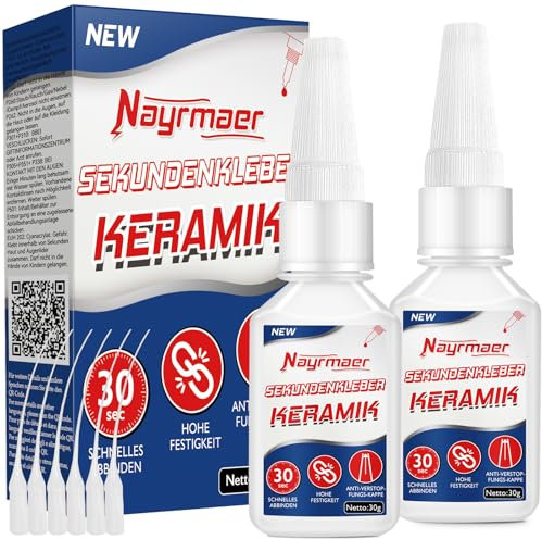 Nayrmaer Pegamento cerámico, 30 g x 2 pegamento de porcelana resistente al agua, pegamento instantáneo de alta resistencia para cerámica, porcelana y arcilla, con tapa antiobstrucción