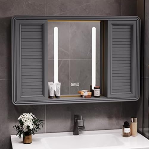 Generisch Armoire de salle de bain à miroir avec sortie d'éclairage LED, double porte, armoire de toilette intelligente anti-buée, montage mural