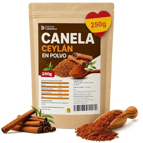 Detox Organica Canela de Ceylán en Polvo 250g | 100% Natural y Sin Aditivos | Suavemente Secada y Molida, Vegana | con Cierre Resellable | Repostería