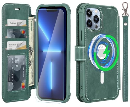 VANAVAGY Wallet Case Compatible for iPhone 13 Pro Max for Magsafe Wireless Charging,Leather Flip Wrist [Glass Screen Protectors]with RFID Blocking Card Holder,Forest green