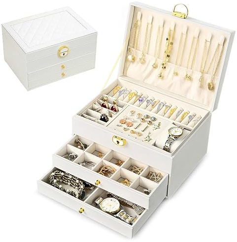 Ninonly Schmuckkästchen Ohrringe mit 3 Ebenen Schmuckkästchen für Damen Mädchen PU-Leder Schmuckaufbewahrung Ohrringe für Ringe Armbänder Halskette Mit Schloss und Schlüssel Weiß