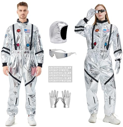 Enhenenhen Astronaut Kostüm Herren Damen Silber Astronauten Overall Space Anzug Erwachsener Halloween Karneval Raumfahrer Costume