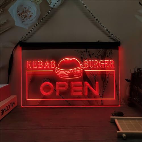 Zayeksole Enseigne Au Néon Open Kebab Burger pour Décoration Murale, Enseigne Au Néon USB LED À Gradation par Télécommande RVB pour Restaurants De Restauration Rapide,30x20cm
